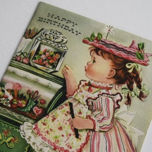 Vintage Happy BIRTHDAY Victorian Girl GREETING CARD Candy Store Ice Cream Kitty Cat Kitten Cane Lollipop Licorice Dress Bonnet Hat Unused image 1