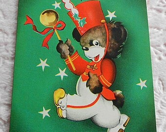 Vintage BOY GIRL Bear Happy Birthday CARD Greeting 1950s Child Children Paper Ephemera Bear Band Green Red Graphic Uniform Leader Hat Wand