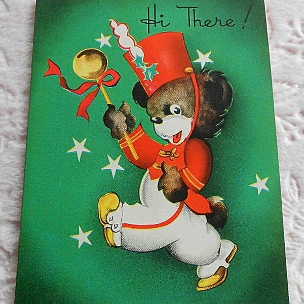 Vintage BOY GIRL Bear Happy Birthday CARD Greeting 1950s Child Children Paper Ephemera Bear Band Green Red Graphic Uniform Leader Hat Wand