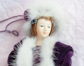 Victorian Christmas TASSEL HALF DOLL Ornament Lady Purple Velvet Fur Hat Dress Rose Bead Woman Women Ladies Girl Stand Black Gimp Trim Bust