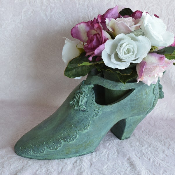 Vintage GARDEN SHOE PLANTER Victorian Pump High Heel Green Rose Herb Pot Flower Floral Gardener Whimsical Shabby Beach Cottage Chic Tassel