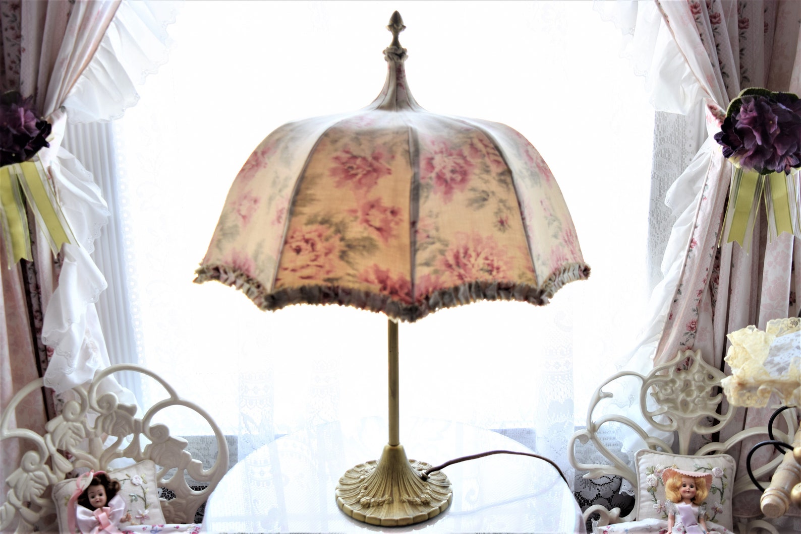 Antique UMBRELLA PARASOL Table LAMP Fabric Floral Shade Pink Etsy