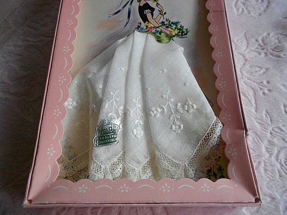 Embroidered LACE Lady Paper Doll Pink Box HANDKER… - image 3