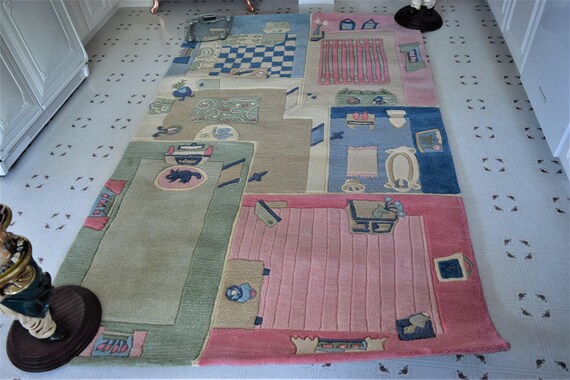 Pottery Barn Kid Rug Dollhouse Rose Pink Blue Doll House Area Etsy