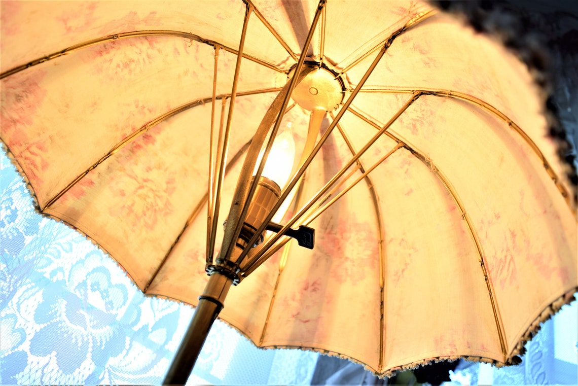 Antique UMBRELLA PARASOL Table LAMP Fabric Floral Shade Pink Etsy