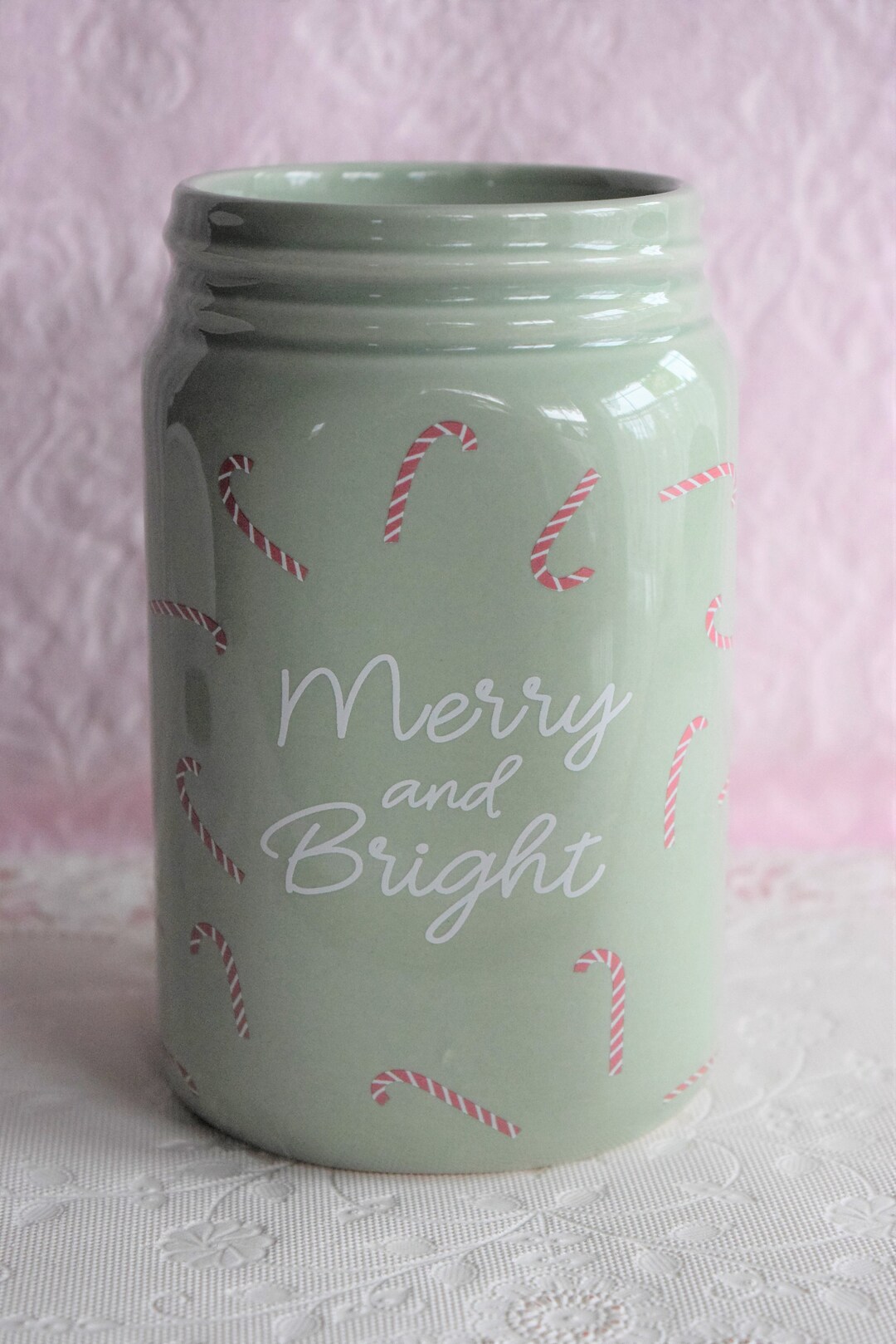 Ceramic MASON JAR VASE Candy Canes Christmas Green Merry and Bright