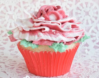 FAKE Valentine BAKERY CUPCAKE Display Red Rose Flower Floral Topper Paper Liner Cup Faux Food Dessert Birthday Party Decoration Mothers Day