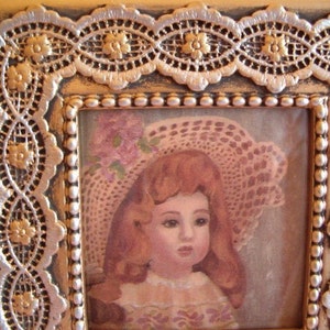 Vintage Romantic Shabby Chic Victorian Doll Girl in Pink Rose Hat Dress Print Framed Wallpaper Gold Silver Doily Lace Trim Resin Frame Stand image 4