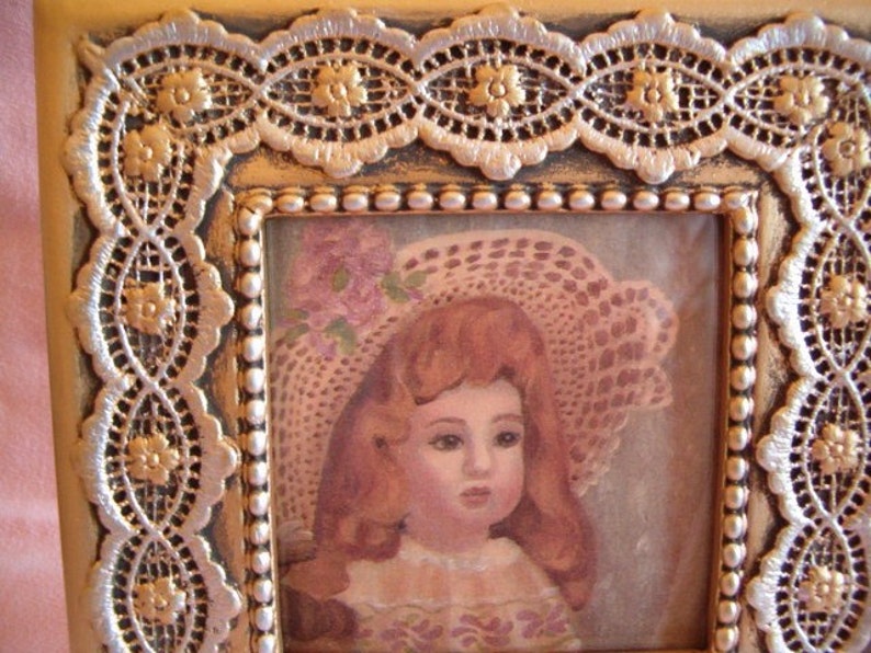 Vintage Romantic Shabby Chic Victorian Doll Girl in Pink Rose Hat Dress Print Framed Wallpaper Gold Silver Doily Lace Trim Resin Frame Stand image 4