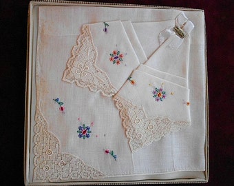 Vintage Embroidered Pink Blue Purple Flower Handkerchief Set 3 Original Box Hankies Unused Hanky Irish Linen Cotton Embroidery Lace Edge NOS