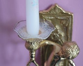 Vintage Glass Wax TAPER CANDLE Drip HOLDER Accent Scallop Silver Trim Fake Faux Lace Etched Candleholder Pineapple Stitch Doily Doilies Etch