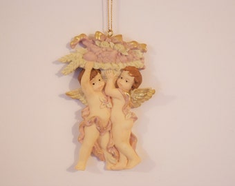 VICTORIAN CHRISTMAS Tree ORNAMENT Angel Cherub Fruit Pink Satin Hanger Ribbon Glitter Pink Floral Basket Flower Apple Winged Fairy Sparkle