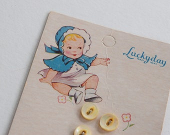 Vintage 1940s Luckyday Button Baby Lucky Day Unused Pearl Sewing Graphic Card Art Deco Blue Bonnet Hat Children Fashion Child 5/16" Size Nos