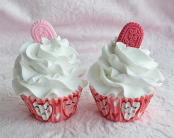 Set of 2 FAKE Mini Valentine BAKERY CUPCAKES Display Pink Red Cookie Candy Topper Xoxo Paper Liner Heart Face Cup Faux Bake Food Dessert