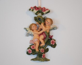 VICTORIAN CHRISTMAS Tree ORNAMENT Angel Cherub Fruit Pink Satin Hanger Ribbon Glitter Floral Basket Flower Apple Winged Fairy Sparkle Child