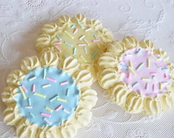 Set of 3 FAKE BAKE Meringue COOKIES Cake Sprinkles Pink Blue Sugar Vanilla Shortbread Faux Food Dessert Tiered Tray Bakery Display Candyland