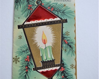 Merry CHRISTMAS LANTERN CARD Husband Candle Red Foil Hanging Lantern Holiday Greeting Green Fir Pine Holly Berry Berries Gold Snowflake 1960