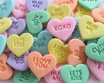 Set of 6 FAKE CONVERSATION HEARTS Candy Cookies Bakery Display Pink Bake Food Dessert Candyland Candies Orange Green Blue Yellow Love Kiss