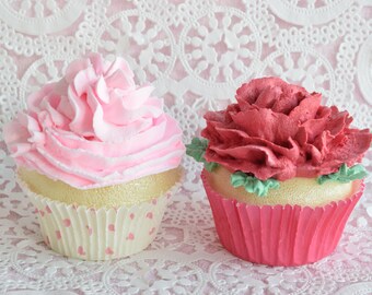 Set of 2 FAKE Valentine BAKERY CUPCAKES Display Pink Red Rose Flower Floral Topper Paper Liner Cup Faux Bake Food Dessert Party Mothers Day