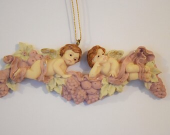 VICTORIAN CHRISTMAS Tree ORNAMENT Angel Cherub Fruit Pink Gold Hanger Ribbon Glitter Rose Floral Flower Winged Fairy Sparkle Grapes Holiday