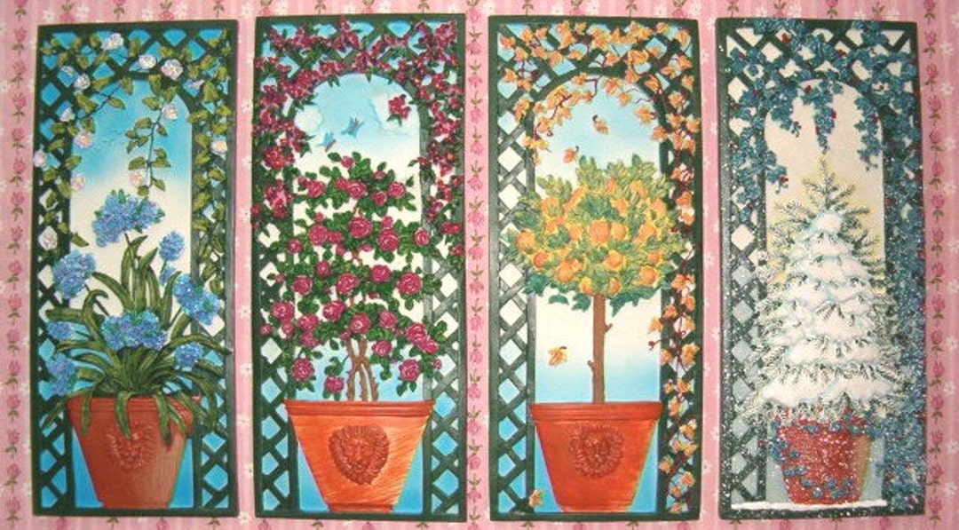 Four SEASON Wall Plaques ROSE TOPIARY Floral Clay Pot Spring Summer ...