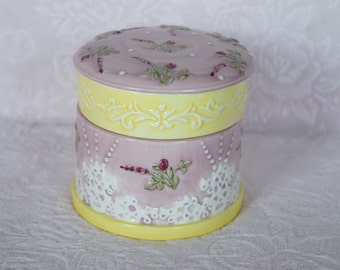 TRINKET JEWELRY BOX Keeper Ceramic 3 Piece Lidded Embossed Fake Lace Pink Rose Victorian Style Yellow Raised Design Dresser Vanity Display