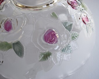 Vintage GLASS Pink ROSE BOWL Crystal Frosted Round Serving Green Leaves Shabby Cottage Chic Scallop Edge 3d Embossed Raised Floral Flowers