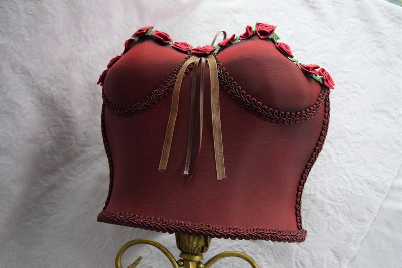 BOUDOIR Rose Bustier CORSET LAMP Mannequin Dress Form Burgundy Rose Shade French Torso Bust Table Nightlight Ladies Victorian Lingerie Woman image 3