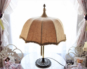 Antique UMBRELLA PARASOL Table LAMP Circa 1900s Accent Light Victorian Ruffle Base Gold Leaf Fabric Shade Shabby Cottage Chic Acorn Finial