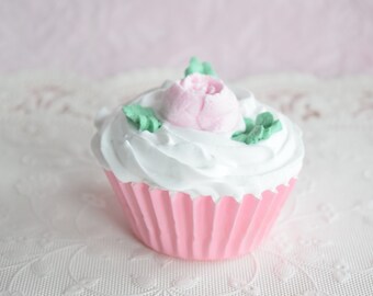 FAKE BAKE CUPCAKE Pink Rose Flower Display Floral Topper Paper Liner Baking Cup Faux Kitchen Food Dessert Party Spring Easter Birthday Cake