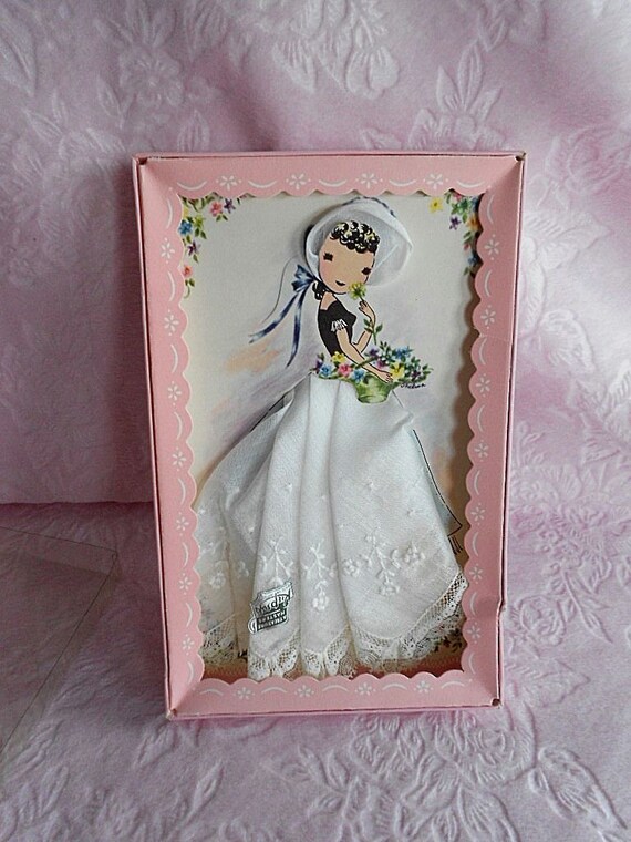 Embroidered LACE Lady Paper Doll Pink Box HANDKERC