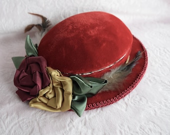 KATHERINES COLLECTION Red Velvet Ladies HAT Box Hatbox Victorian Lady Storage Paper Print Covered Storage Wayne Kleski Millinery Rose Flower