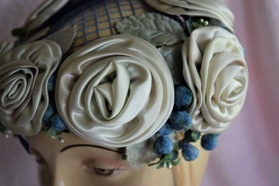 Vintage Aqua Blue ROSE HAT Flapper Lady Satin Ruf… - image 2