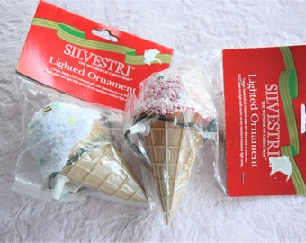 Vintage Silvestri Lighted ICE CREAM CONE Ornament Christmas Tree Decoration Fake Faux Food Candies Candyland Color Nos Candy Decor Sprinkles