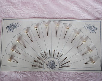 Vintage HAT PIN CARD HatPin Fan Shape Display Set 12 Dozen Blue Floral Flower Print Pearl Ladies Accessory Woman Women Bonnet 1940 Millinery