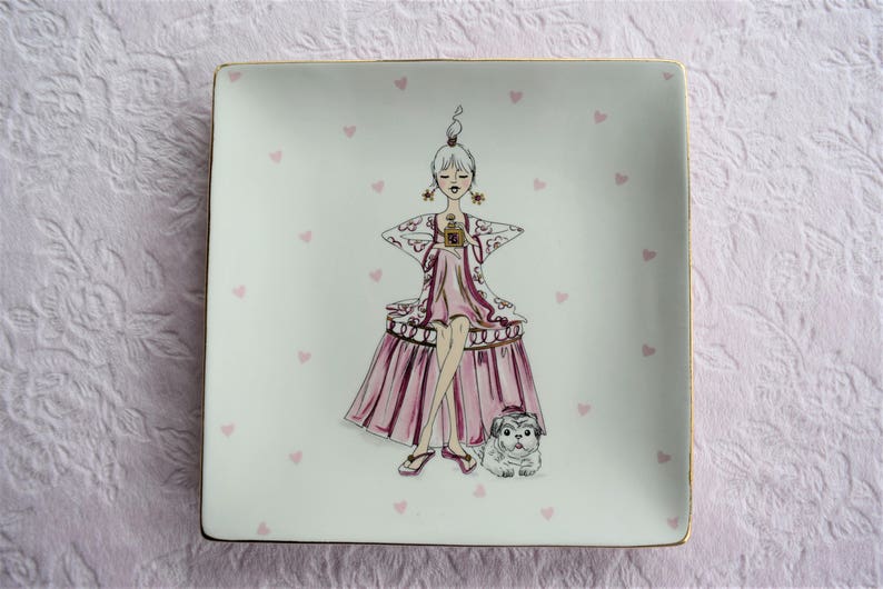 Pink Heart Boudoir Plate Dessert Ceramic Square Girl Puppy Dog Perfume Chair Gold Highlights Candy Cookie Candies Dish Wall Decor Valentines
