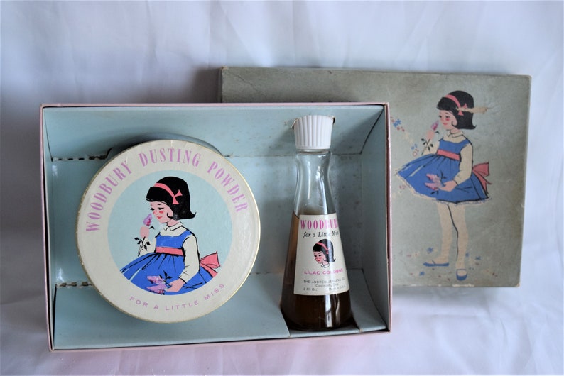 Vintage Woodbury Little Miss Lilac Cologne Dusting Powder Perfume Gift Box Set 1960s Pink Blue Girl Fl Child Bath Jergen Vanity Display