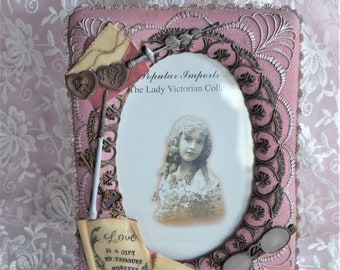 Vintage VICTORIAN PICTURE FRAME Photo Pink Lady Photograph Holder Lace Scallop Easel Eyeglass Glass Hat Pin Hatpin Love Letter Key Necklace