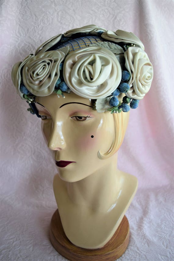 Vintage Aqua Blue ROSE HAT Flapper Lady Satin Ruf… - image 1