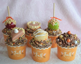 FAKE BAKE CUPCAKE Autumn Fall Halloween Candy Pumpkin Pie Faux Food Thanksgiving Tiered Tray Display Candies Caramel Apple Cinnamon Roll