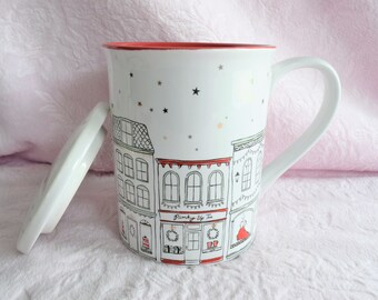 PINKY UP MUG Topper Lid Victorian House Teacup Coffee Cup Gold Stars Red Trim Tea Latte Drink Tis the Season to Sparkle Christmas Holiday