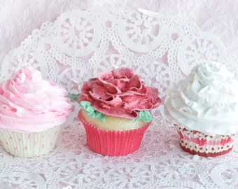 Set of 3 FAKE BAKE Valentines Day CUPCAKES Display Pink Hearts Red Rose Flower Floral Topper Paper Liner Cup Faux Food Tiered Tray Decor