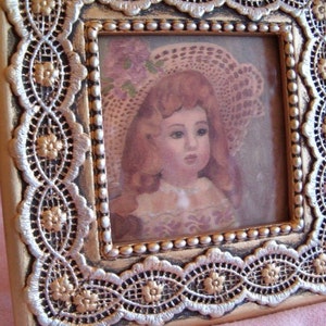 Vintage Romantic Shabby Chic Victorian Doll Girl in Pink Rose Hat Dress Print Framed Wallpaper Gold Silver Doily Lace Trim Resin Frame Stand image 1