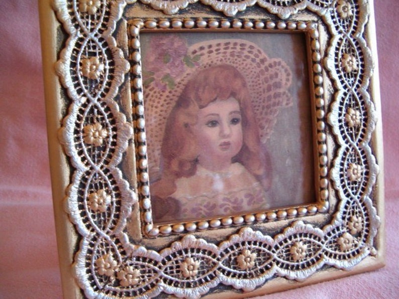 Vintage Romantic Shabby Chic Victorian Doll Girl in Pink Rose Hat Dress Print Framed Wallpaper Gold Silver Doily Lace Trim Resin Frame Stand image 1