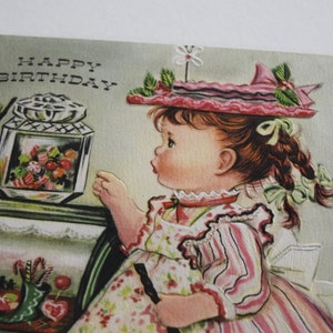 Vintage Happy BIRTHDAY Victorian Girl GREETING CARD Candy Store Ice Cream Kitty Cat Kitten Cane Lollipop Licorice Dress Bonnet Hat Unused image 2