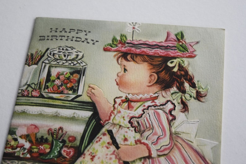 Vintage Happy BIRTHDAY Victorian Girl GREETING CARD Candy Store Ice Cream Kitty Cat Kitten Cane Lollipop Licorice Dress Bonnet Hat Unused image 2
