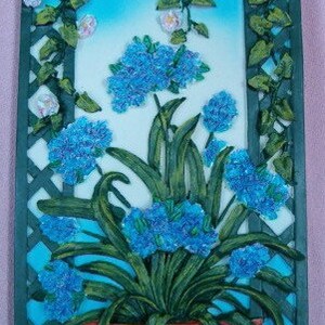 Four SEASON Wall Plaques ROSE TOPIARY Floral Clay Pot Spring Summer Winter Fall Garden Pictures Set of 4 Tree Plant Lattice Flower Pink Blue image 3