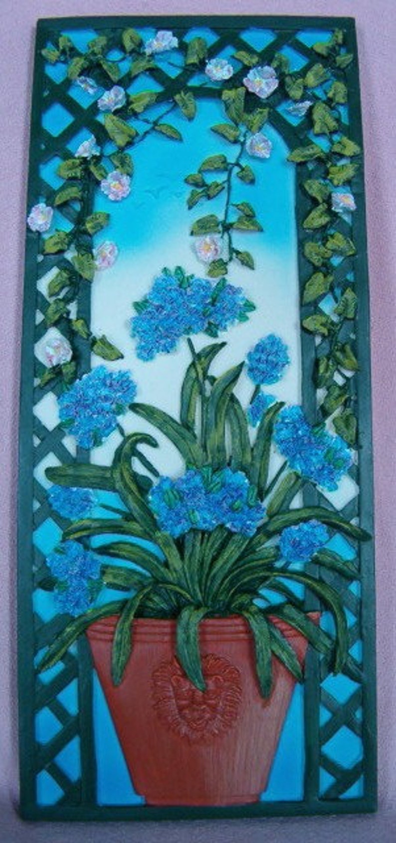 Four SEASON Wall Plaques ROSE TOPIARY Floral Clay Pot Spring Summer Winter Fall Garden Pictures Set of 4 Tree Plant Lattice Flower Pink Blue image 3