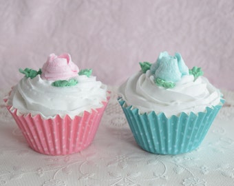 Set of 2 FAKE BAKE CUPCAKE Pink Blue Rose Flower Display Floral Topper Paper Liner Baking Cup Faux Kitchen Food Dessert Party Spring Easter