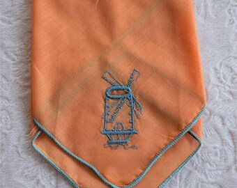 Vintage Coral Orange COLGATE POCKET HANDKERCHIEF Blue Trim Flapper Lady 1940s Hanky Embroidery Ladies Embroidered Lipstick Perfume Holder 20